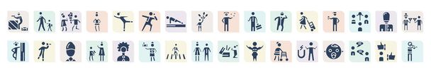 filled people icons set. glyph icons such as criminal heist, boy giving flowers to his girlfriend, shot put, tumb up business man, ticket collector, man throwing a dart, goodbye, crossing road, - Vektor, kép