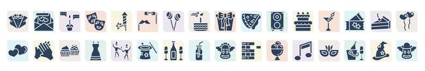 filled party icons set. glyph icons such as suit and tie, birthday wish, mustache with glasses, pizza slice, martini glass with olive, claping hands, party dress, bottle and two glasses, big quaver, - Vector, Image
