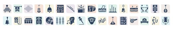 filled music icons set. glyph icons such as accordionist, audio bars, guitar pedal, classical music, piano class, mp3 player with headphones, subwoofer speaker, phantom, sheet music vector. - Vetor, Imagem