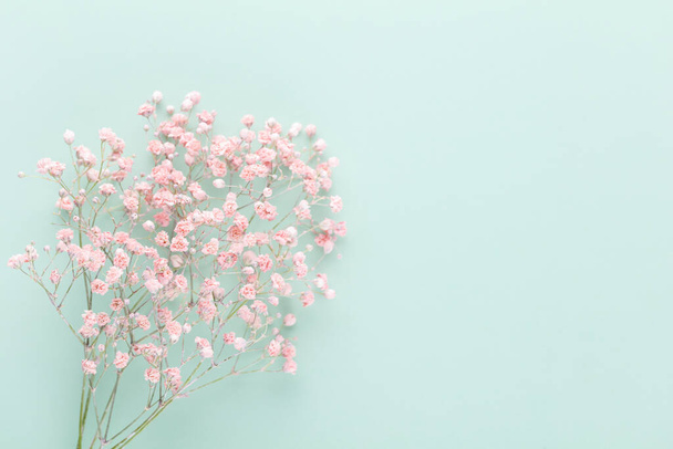 Gypsophila flowers on pastel background. Flat lay, top view, copy space. - Foto, Imagem