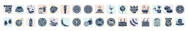 filled food icons set. glyph icons such as fair, healthy food, pint, drinking, noodle soup, oyster omelette, fuqi feipian, pizza slice cut, sausages vector. - Vektor, kép