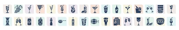 filled drinks icons set. glyph icons such as french 75, 007 martini, tequila sunrise, frappuccino, ice bucket and bottle, brindis with wine glasses, soda can, vodka, glasses with wine - ベクター画像