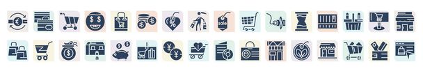 filled commerce and shopping icons set. glyph icons such as euro currency, supermarket cart, turkish, shopping cart with grills, barscode with zeros, checkered, woman with mortgage, yens coins - Vettoriali, immagini