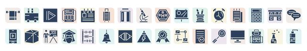 filled basic hotel set icons set. glyph icons such as rectangular hanger, music player, suitcase with wheels, blackboard with geometrics figures, education form, transparent cube, girl graduated, - Vektor, Bild