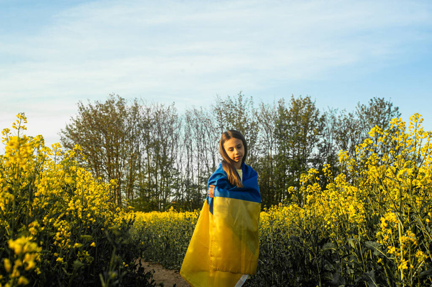 牧草地でウクライナ国旗を掲げる子供 - 写真・画像