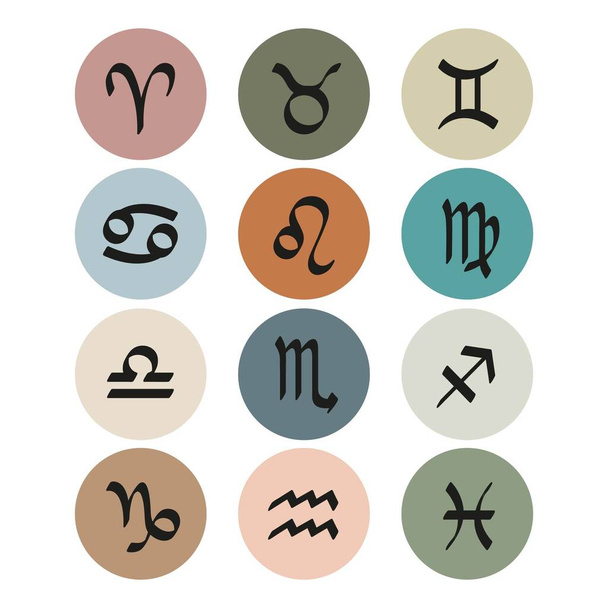 El zodíaco canta. Horóscopo y astrología símbolos negros iconos en círculos de colores sobre fondo blanco. Ilustración vectorial. - Vector, Imagen