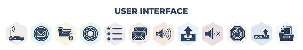 filled user interface icons set. glyph icons such as internet modem, email envelope button, unlock folder, tings cogwheel button, list layout with check boxes, letter envelope, volume button, - Vector, Image