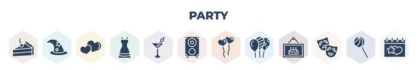 filled party icons set. glyph icons such as slice of cake, wizard hat on head, big heart, party dress, martini glass with olive, big speaker, two heart shaped balloons, three ornamental balloons, - Wektor, obraz
