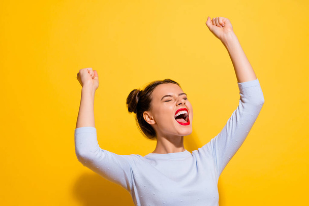 Photo of ecstatic positive lady screaming empty space champion win lucky lottery isolated shine color background. - Foto, Imagen