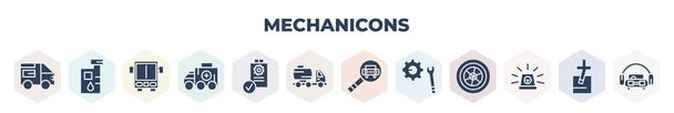 filled mechanicons icons set. glyph icons such as cargo truck facing left, oil can with big drop, bus front view, ambulance facing left, car repair check list, water tank for vehicles, car front in - Вектор,изображение