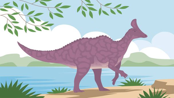 Big hadrosaurus on the background of a prehistoric landscape - Vektor, obrázek