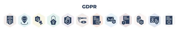 filled gdpr icons set. glyph icons such as child consent, address, finger, lock, right to objection, key, text file, communications, fingerprint, vector. - Vektor, Bild