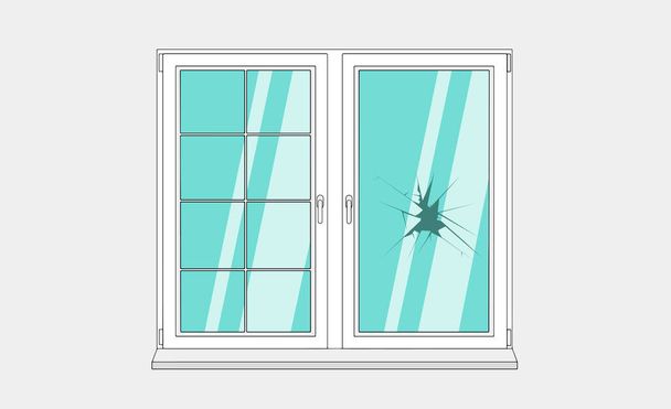 Window broken with cracked glass vector illustration. Cartoon window on brick wall building facade design element. Vector illustration - Vettoriali, immagini
