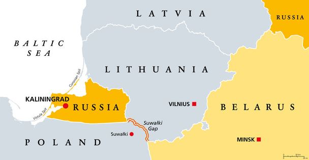 Suwalki Gap, politieke kaart. Ook bekend als de Suwalki-corridor, de grens vanaf de Russische exclave Kaliningrad Oblast naar Wit-Rusland, tussen Litouwen en Polen, in de buurt van de Poolse stad Suwalki. - Vector, afbeelding