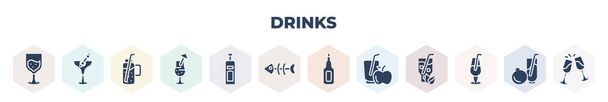 filled drinks icons set. glyph icons such as glass of wine, martinez, smoothie, mai tai, vodka, fish skeleton, absinthe, juice, ramos gin fizz, vector. - ベクター画像