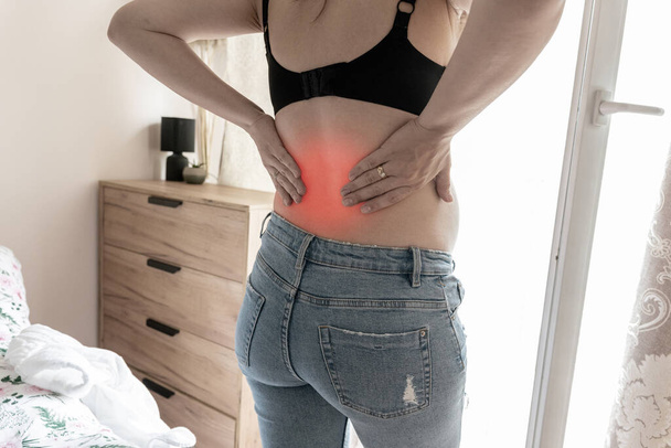 Pregnant back pain. Beautiful pregnancy woman suffer from back pain. Backache, ache health care concept - Φωτογραφία, εικόνα