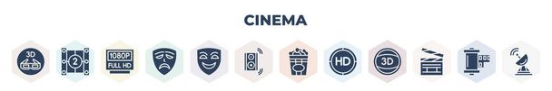 filled cinema icons set. glyph icons such as 3d movie, film reel countdown number 2, 1080p full hd, sad mask, smile mask, loud woofer box, popcorn box, hd, cinema clapperboard, vector. - Vector, afbeelding