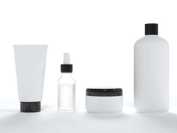 Cosmetic cream tube, jar with lid, liquid soap and shampoo, serum bottle 3D render on white background, different product packaging mock-up, clean design ready set of containers - 写真・画像