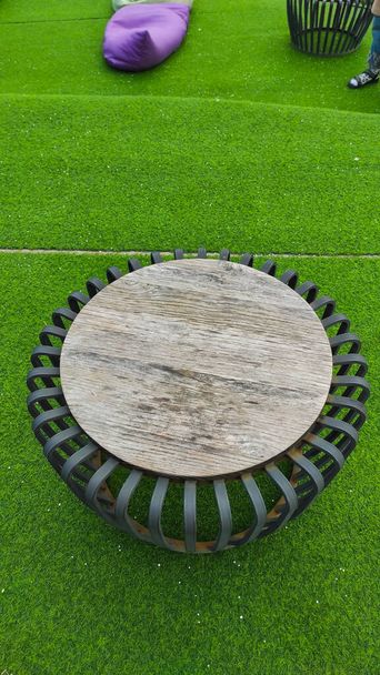 Abstract Defocused round table that adorns the green terraced hillside in the tourist area of Cicalengka Dreamland, Indonesia - 写真・画像