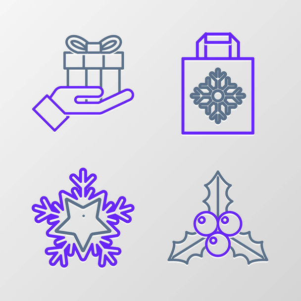 Set line Branch viburnum or guelder rose, Snowflake, Christmas paper shopping bag and Gift box hand icon. Vector - Vektör, Görsel