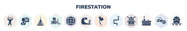 filled firestation icons set. glyph icons such as panic, ownership, wat phrakaew, lift truck, globe grid, tsunami, thailand, plumbing, reception, vector. - Vecteur, image