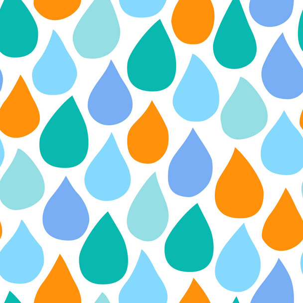 Bold rain drops seamless pattern. Cute colorful raindrops background in cartoon style. Flat design. Funny hand drawn droplets illustration. Happy bright color palette - Vector, imagen