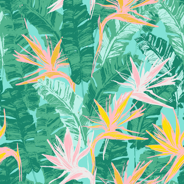 Bright grunge tropical flowers and leaves background. Hand drawn exotic seamless pattern. Bird of paradise flower wallpaper. Vector botanical illustration for summer design, swimwear fabric, textile - Wektor, obraz