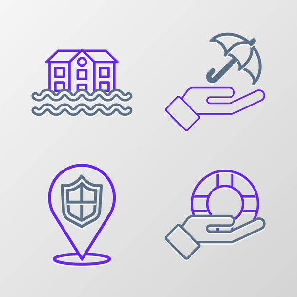 Set line Lifebuoy in hand, Location shield, Umbrella and House flood icon. Vector - Vector, Image