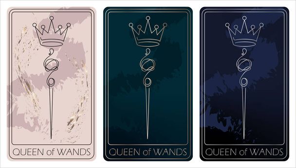 Queen of Wands. A card of Minor arcana one line drawing tarot cards. Tarot deck. Vector linear hand drawn illustration with occult, mystical and esoteric symbols. 3 colors. Proposional to 2,75x4,75 in - Vector, Imagen