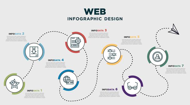 infographic template design with web icons. timeline concept with 7 options or steps. included web mark as favorite star, download file, page ting interface, web stocks data line graphic interface, - Vektor, obrázek
