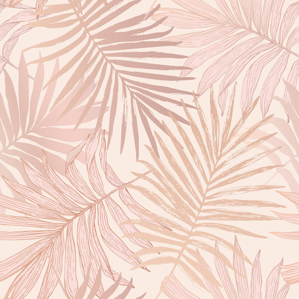 Luxurious botanical tropical leaf background in pastel blush pink color Exotic foliage seamless pattern with gradient effect. Hand drawn vector illustration for summer design, swimwear fabric, textile - Vector, imagen