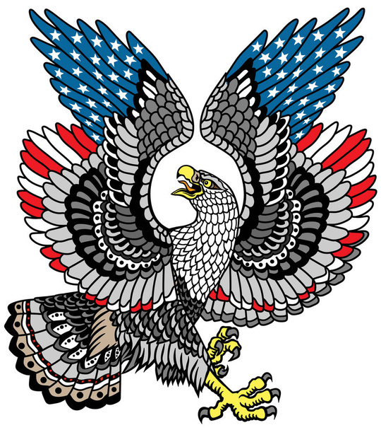 Белоголовый белоголовый орлан с крыльями цвета американского флага. Традиционная стилизованная векторная иллюстрация татуировки - Вектор,изображение