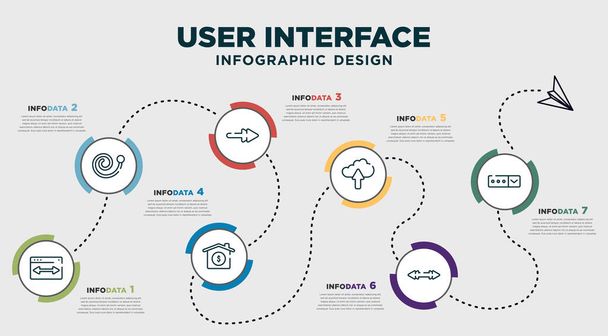 infographic template design with user interface icons. timeline concept with 7 options or steps. included gap, spiral tool, arrow pointing right, house value, cloud upload, double arrows, drop down. - Vecteur, image