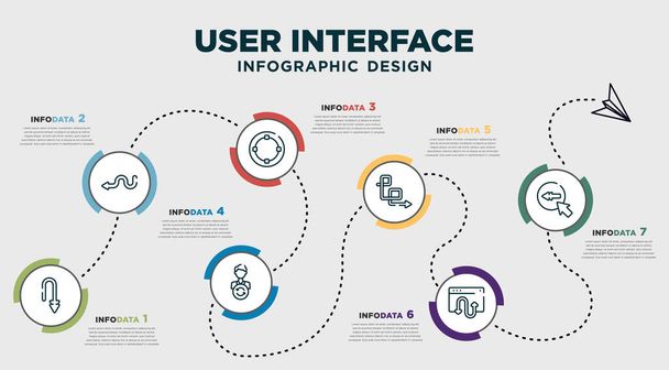 infographic template design with user interface icons. timeline concept with 7 options or steps. included curve arrows, arrow heading up, selectioned circle, exchange personel, sketched arrow, - Διάνυσμα, εικόνα