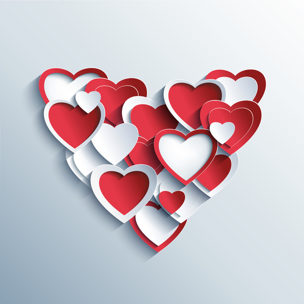 Valentines day card with red and white 3d hearts - Vector, afbeelding