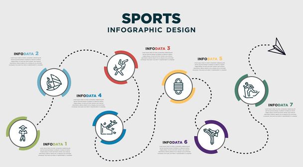 infographic template design with sports icons. timeline concept with 7 options or steps. included sesei, windsurf sea, breakdance, man falling off a precipice, climbing with rope, karate fighter, - ベクター画像