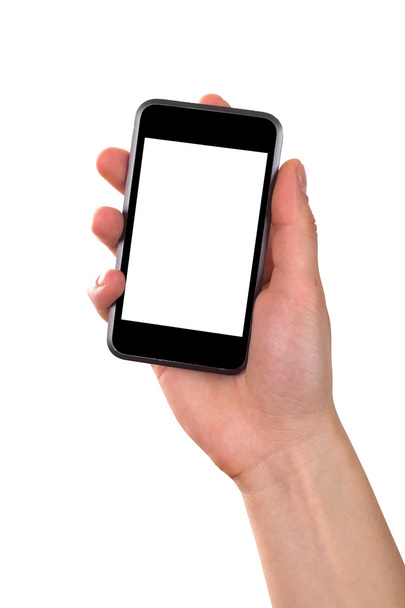 Hand holding mobile phone isolated on white background - Photo, Image