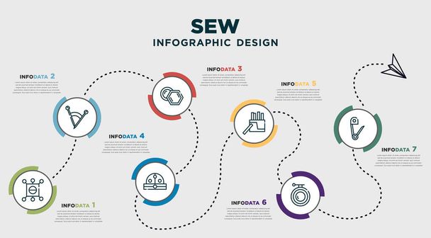 infographic template design with sew icons. timeline concept with 7 options or steps. included pin sew, needles, sewing marker, buttonhole, chalk, embroidery hoop, safety pin. can be used web, info - Vector, imagen