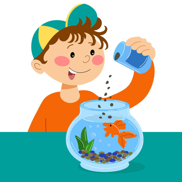 Söpö poika ruokkii kalaa pyöreässä lasiakvaariossa. Vauva kuva, tulostaa, vektori - Vektori, kuva