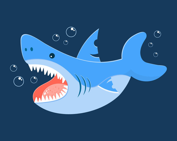 Cute cartoon shark and water bubbles on a blue sea background. Print for children, illustration, vector - Vetor, Imagem