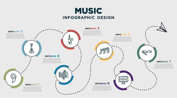 infographic template design with music icons. timeline concept with 7 options or steps. included breath mark, balalaika, jack connector, treble clef, flat, television screen off, clave. can be used - Vector, Image