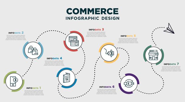 infographic template design with commerce icons. timeline concept with 7 options or steps. included dollars digital commerce, shopper with bags, big credit card, restaurant card, eco tag, euro - Vektor, obrázek