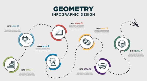 infographic template design with geometry icons. timeline concept with 7 options or steps. included right alignment, foreground, trapezium, synergy, merge, semicircle, side to side of a cube. can be - Vektor, obrázek