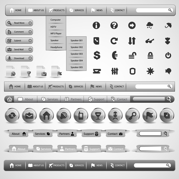 Collection Of Grey Modern Styled Website Design Elements - Vector, Image