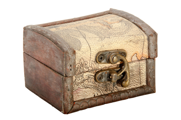 caixa de bugiganga de madeira com cobertura de couro e fecho de latão
 - Foto, Imagem