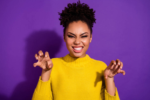 Photo of cheerful funky lady arms fingers make claws grin teeth isolated on violet color background. - Fotografie, Obrázek