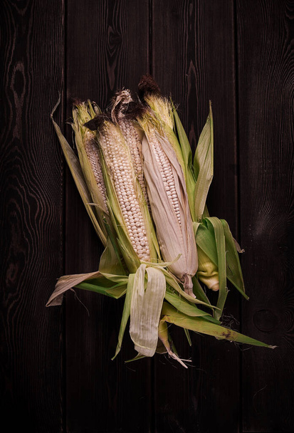 Corn cobs, on a wooden table, top view, close-up, rustic, selective focus, dairy corn, - 写真・画像