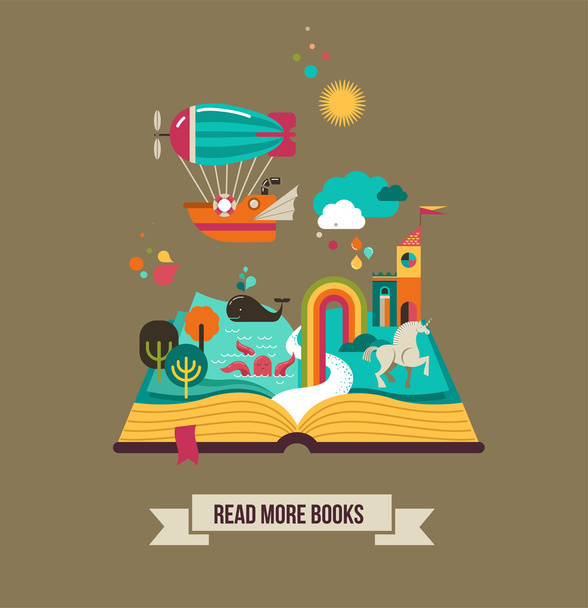 Open book with fairy tale elements and  icons - Vector, Image