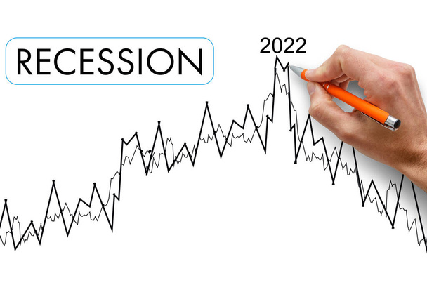 Кризис 2022. Ежеквартальный или годовой отчет компаний. Экономический спад на графике. Стрелка диаграммы, указывающая вниз на падающий график и символ доллара. - Фото, изображение
