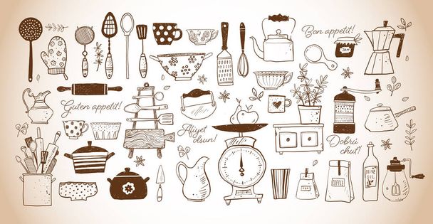 Big set of kitchen doodle sketch utensils in vintage style. Cups, teapots, pots. bottles. chopping boards ets. Inscription Bon appetit in different languages. - Vector, imagen